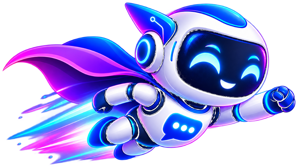 Mascote do MeuChatbot, um robô com capa voando