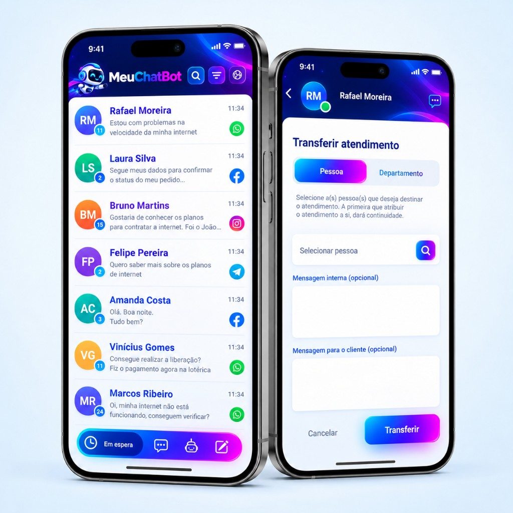 MeuChatbot no celular, com a lista de atendimentos e a tela de transferir para pessoa ou departamento.
